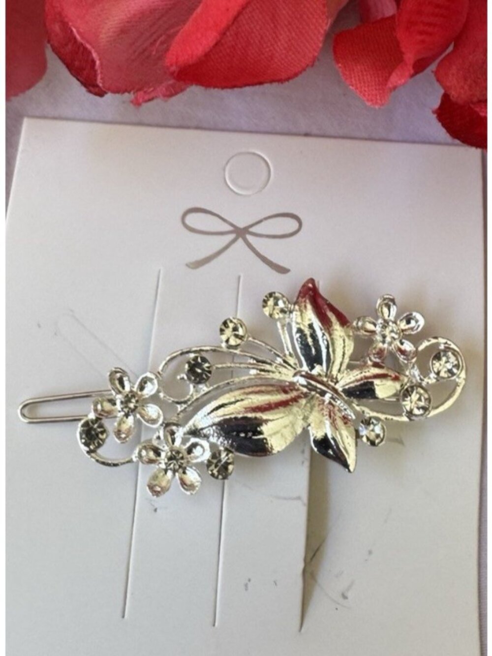 Flower Hair Clip Clamp Butterfly Flower Bling SIlver Crystal Rhinestone 2.5"